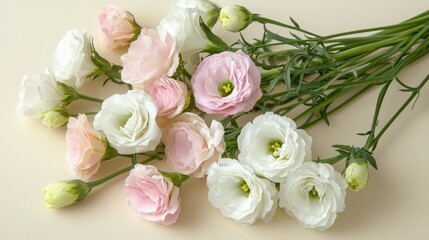 Bouquet of Lisianthus and Eustoma flowers in soft pastel colors with green stems, perfect for celebrations, arranged in a flat lay style with space for text.