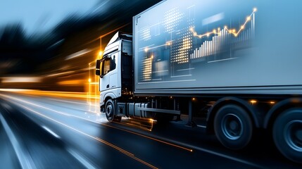 A double exposure of a truck and glowing holograms of supply chain data and shipping routes