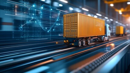 Fototapeta premium A logistics hub with holographic overlays showing cargo movement and inventory management