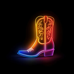 3D Vector logo of an illuminated colorful neon cowboy boots, in a black background. Modern image with neon lighting.