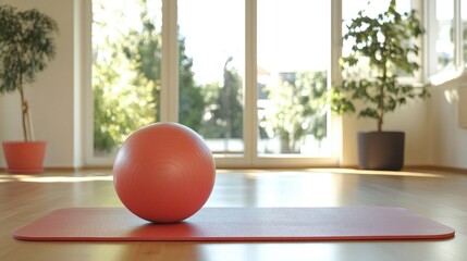 Yoga mat and coral exercise ball positioned in a sunlit, serene room surrounded by greenery, promoting relaxation and wellness activities.