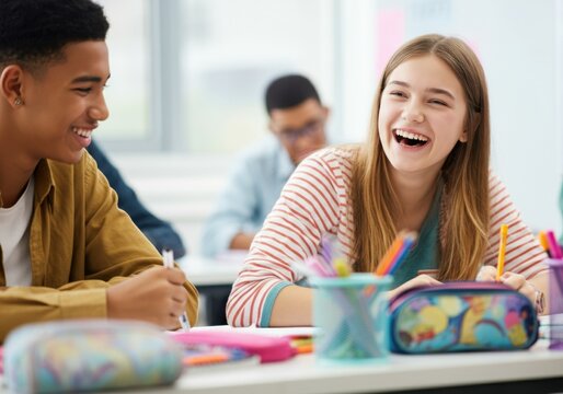 Happy high school students enjoying their class and laughing together