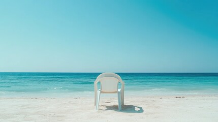 Fototapeta premium Lone white chair on serene sandy beach with vibrant turquoise water and clear blue skies ideal for vacation marketing and summer promotions.