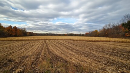 Fototapeta premium Dry cornfield with harvested crops and a cloudy sky, surrounded by autumn trees in the background, showcasing a rural landscape in transition.