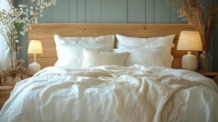Elegant white bed adorned with plush linens, flanked by warm lamp lighting and decorative dried flowers in a serene, pastel-hued interior.