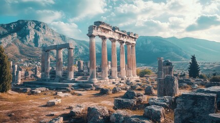 Ancient temple ruins rise majestically against a dramatic mountainous backdrop, capturing the essence of historical exploration and rich cultural heritage.