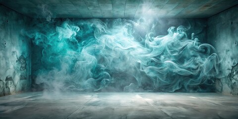Fototapeta premium A mysterious and atmospheric scene with ethereal smoke swirling in a dark room with a concrete floor and textured walls.