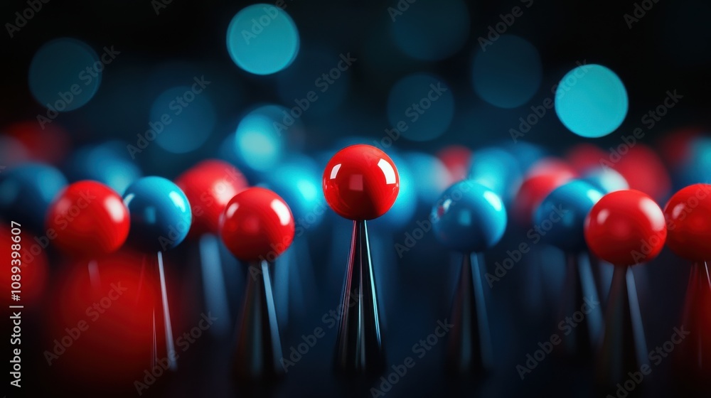Leinwandbilder a vibrant close-up of red and blue pins on a dark background, creating a striking visual contrast wi