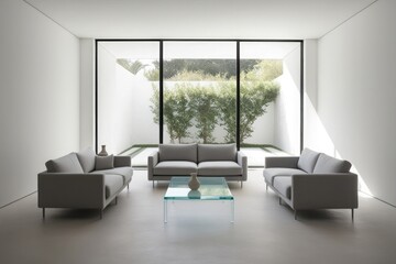 Minimalist Living Room, White walls, gray furniture, a glass coffee table