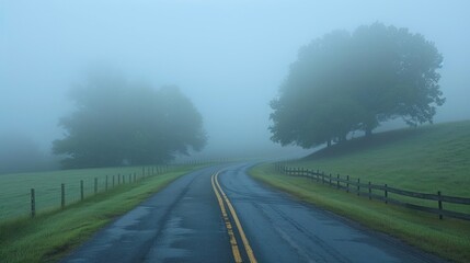 Misty morning road curving through foggy farmland with trees.