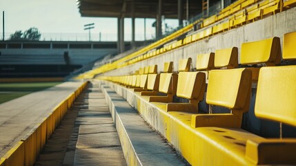 Naklejka premium Yellow stadium seating with empty tribunes under bright sunlight, showcasing a clean and inviting outdoor sports environment.