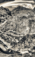 Overhead aerial vertical panorama of the road to Mt Teide in Tenerife from drone.