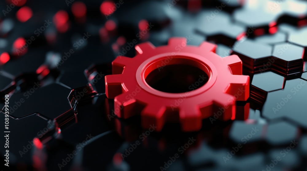 Aufkleber a close-up of a red gear set against a dark, hexagonal-patterned background, symbolizing technology 