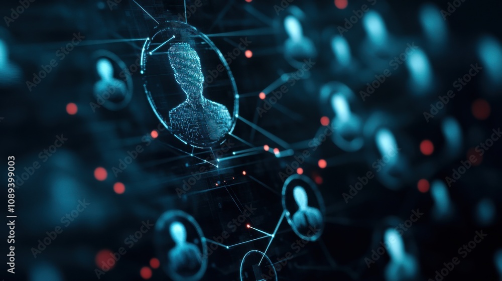 Poster a digital network visualization featuring interconnected user profiles, emphasizing concepts of conn