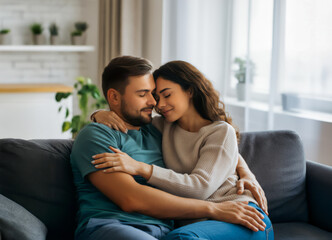 Obraz premium Home, happy and couple with hug on sofa for weekend romance, partnership and bonding together