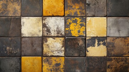 Vintage patchwork tiles featuring yellow, brown, and anthracite hues create a textured stone and concrete background with a shabby chic aesthetic.