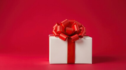 Fototapeta premium Isolated gift white box with light and big red bow against burgundy background, white wrapping paper, gift box design, clean background