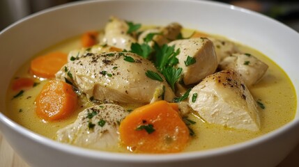 A comforting bowl of chicken soup with tender chicken pieces, vibrant orange carrots, and fresh herbs in a creamy broth.