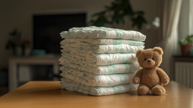 A neatly arranged stack of baby diapers beside an adorable teddy bear, creating a charming and inviting setting perfect for infants.