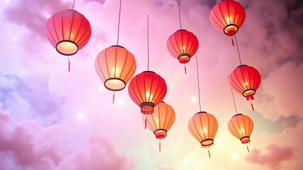 Obraz premium Lanterns floating amidst a swirling vortex of iridescent mist, halo, otherworldly