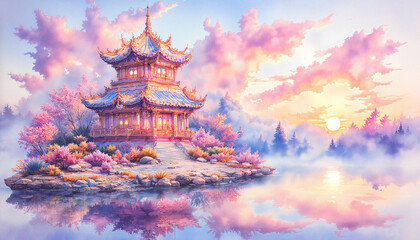 Obraz premium Beautiful pagoda at sunset with reflections in water and colorful clouds