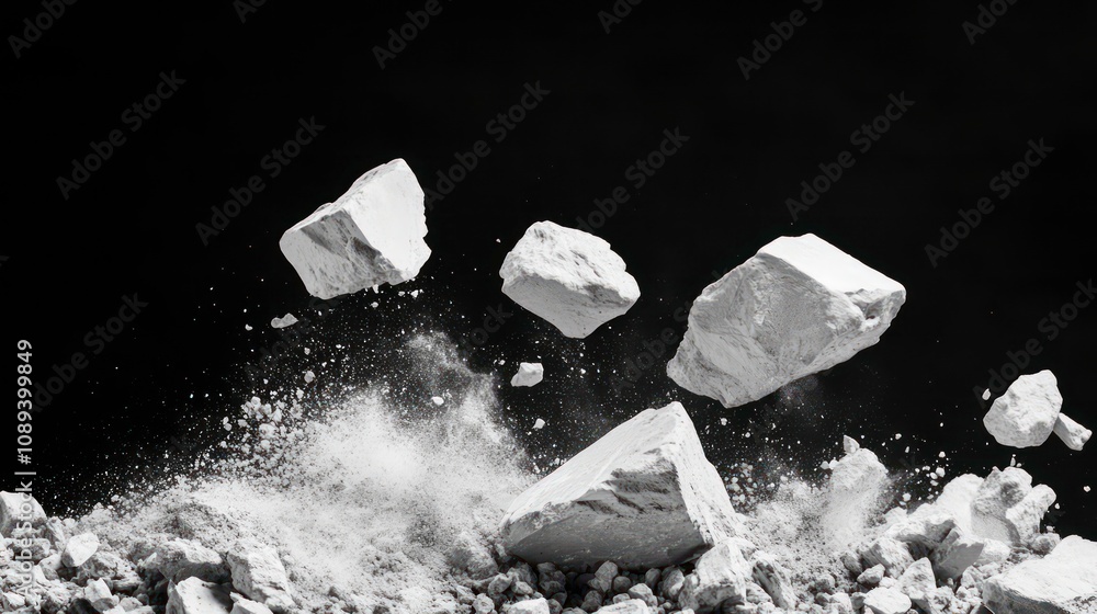 Poster A dynamic scene of white rocks and stones falling against a black background, creating an isolated splash of dust and broken fragments, suitable for themes of nature and fantasy