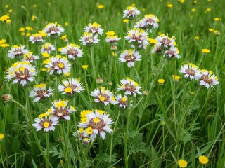 Fototapeta premium Large group of chicory plants blooming in a green meadow with bright yellow flowers and delicate leaves, flower field, tall grasses, chicory blooms