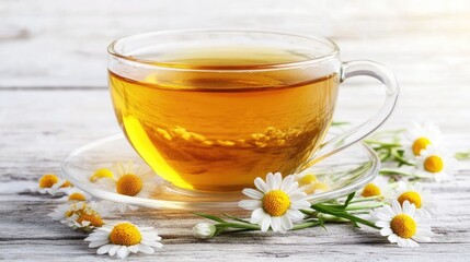 Chamomile tea in a clear cup surrounded by fresh chamomile flowers on a rustic white table with a warm wooden backdrop.