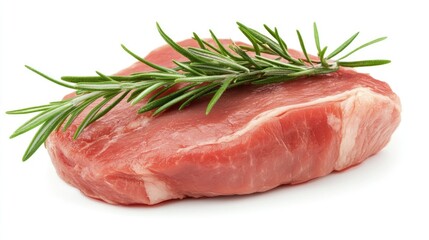 Fototapeta premium Fresh pork chop garnished with a vibrant sprig of rosemary, ready for cooking, showcasing its tender meat and rich color.