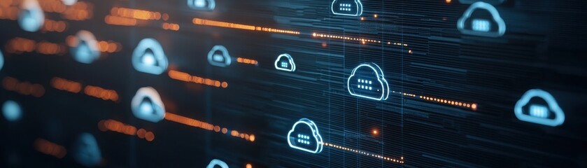 A futuristic digital interface featuring cloud symbols and data connections, representing cloud computing and data management.