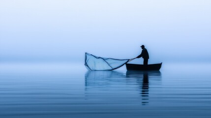Foggy morning fishing adventure tranquil lake nature calm environment serene view