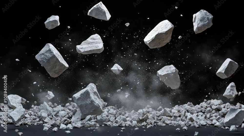 Poster White rocks falling and exploding on black background with dust.