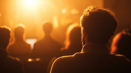 Engaging speaker in a warm-lit setting sharing insights with a focused audience, fostering meaningful discussions in a blurred background.