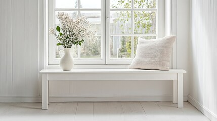 Fototapeta premium White Wooden Bench Under a Bright Window with Natural Light and a Vase of Flowers on Display