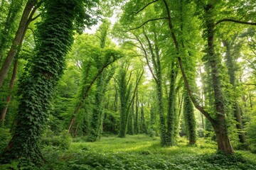 Fototapeta premium Leafy forest landscape with tall trees and vines on a bright green background, environment, sustainability, flora, nature, verdant