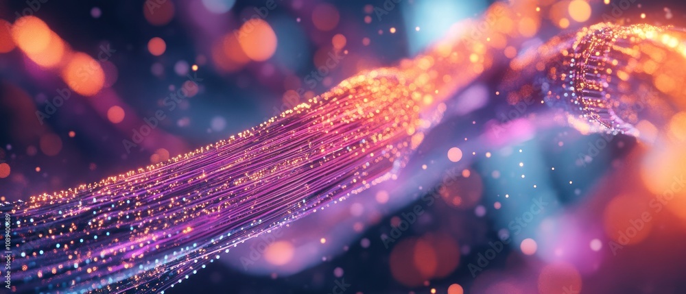 Poster abstract representation of flowing data with vibrant colors and glowing particles.