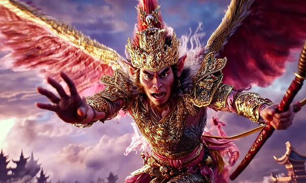 Winged Monkey King in Flight, Golden Armor, Dramatic Pose