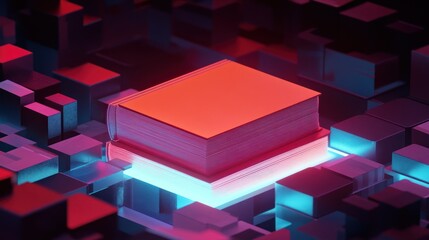 Abstract book projection with vibrant digital blocks.