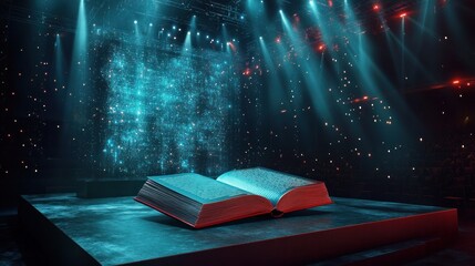 Enormous open book shines under dazzling spotlights