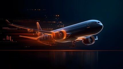 A vibrant freight plane in the sky surrounded by holograms of trade data