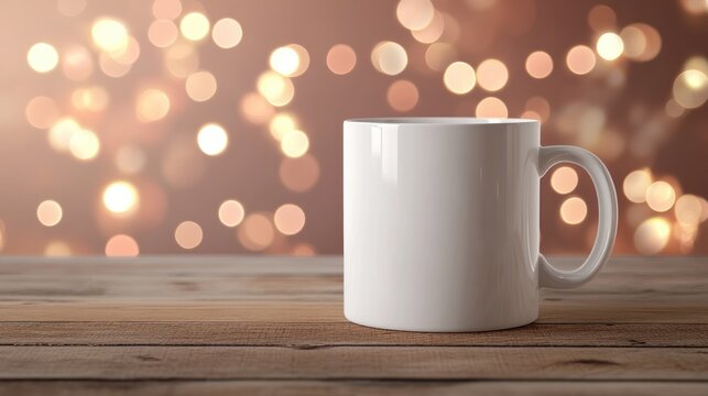 Blank white mug mockup on a rustic wooden table with soft bokeh lights in the background, perfect for holiday designs and customization options.