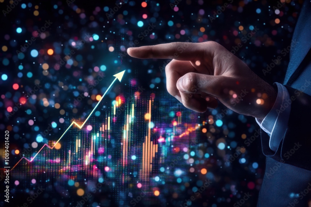 Poster hand with colorful rising graph and bokeh background