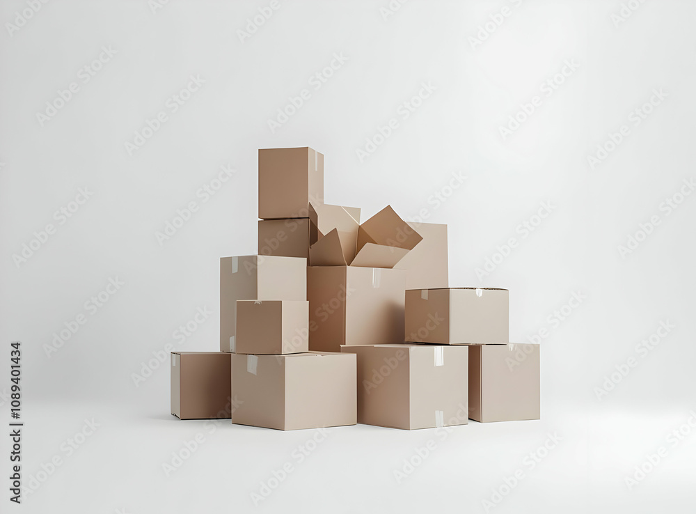 Poster stack of cardboard boxes on white background. several sizes and one open box. concept for shipping, 