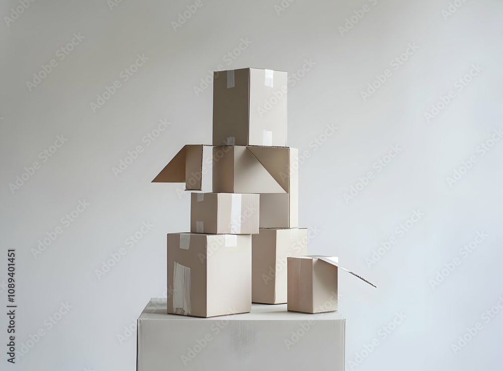 Poster beige cardboard boxes are stacked on a white cube against a white background. the boxes are various 
