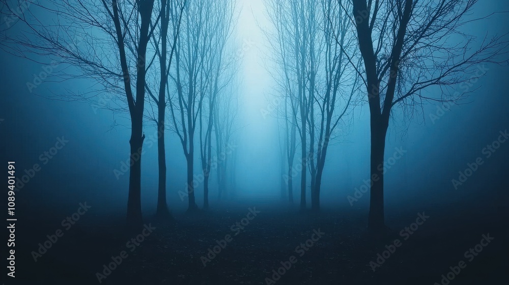 Poster mysterious fog envelops dark trees forest landscape ethereal environment twilight viewpoint