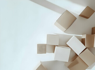 Scattered cardboard boxes in various shades of beige and white against a bright background.  Ideal for packaging, delivery, or moving concepts.