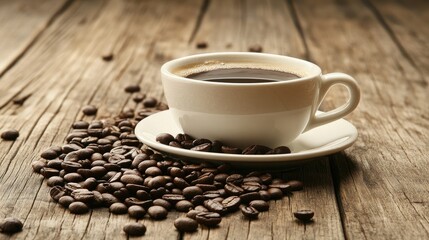Fototapeta premium A cozy coffee cup on a rustic wooden table, surrounded by rich coffee beans, creating a warm and inviting atmosphere for creative inspiration.