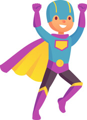 Powerful superhero kid wearing a colorful costume with cape and mask, flying and raising fists, celebrating victory and showing strength with a joyful expression