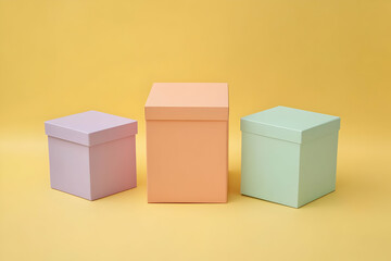 Fototapeta premium Three pastel-colored boxes sit on a yellow background. They are arranged in a row, with the largest box in the middle.