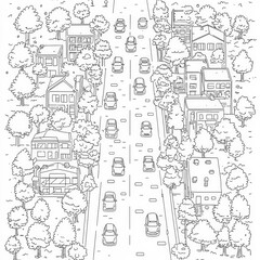 Obraz premium A bustling city street with cars and bicycles, coloring page for kids, simple outline illustration. Coloring book, simple lines.